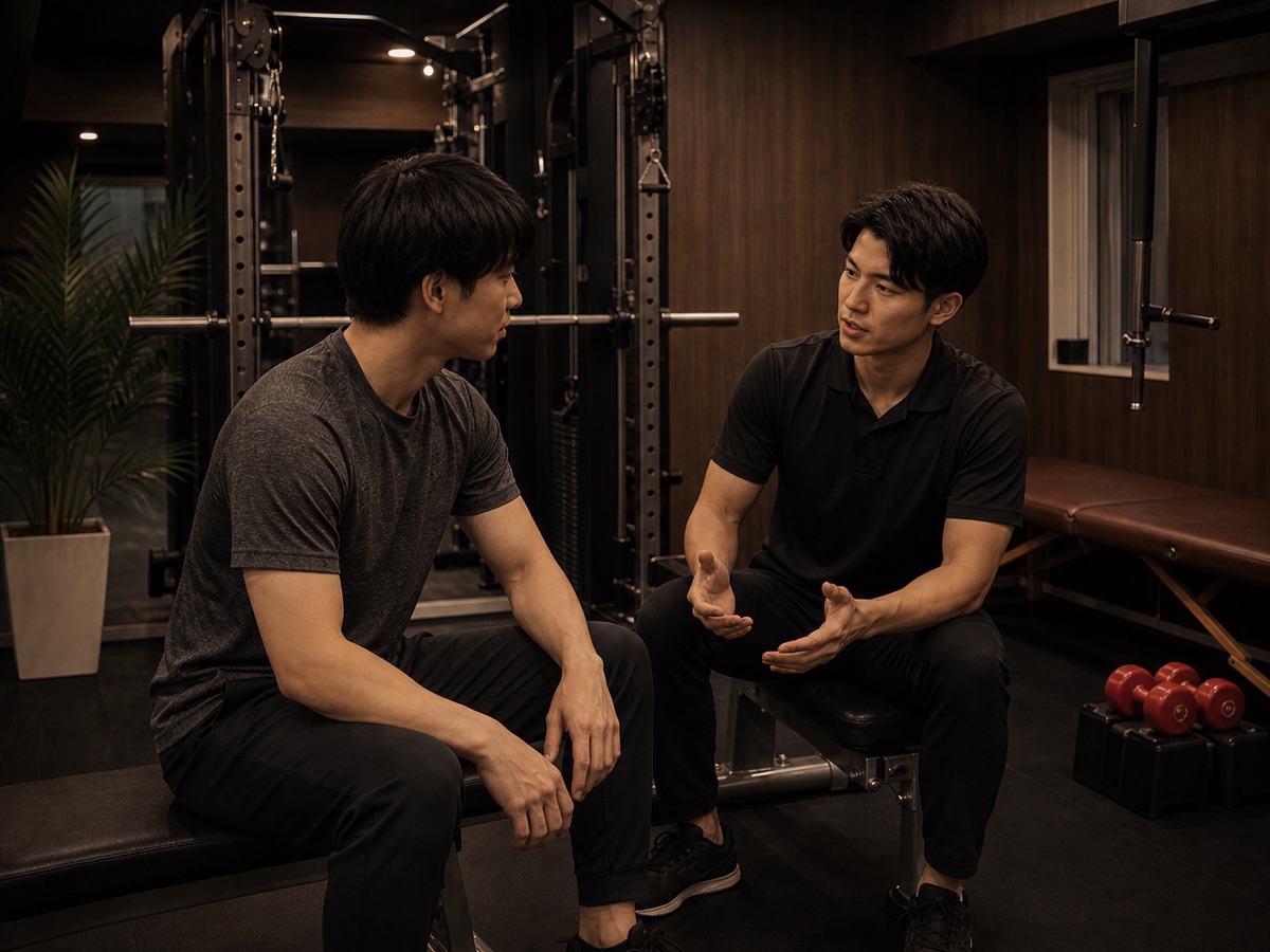 トレーニングの合間に落ち着いて対話するイメージ